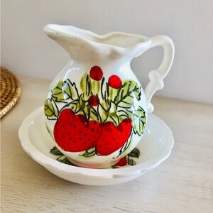Ceramic Pottery Creamer and Saucer Strawberries - Hand Painted in Japan